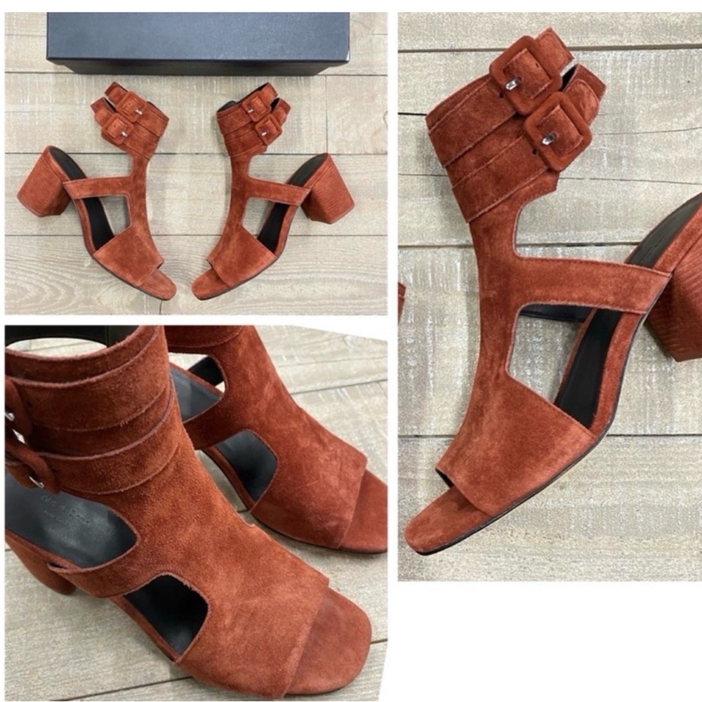 rag & bone “Madison” Suede Block Heel Sandals in Rust Brown. SZ9